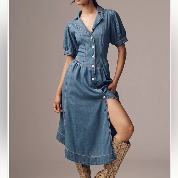 Pilcro Short-Sleeved Denim Midi Shirt Dress - Picture 1 of 4